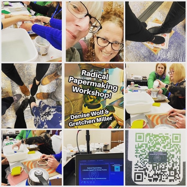 Collage of art therapists making paper at the AATA national conference in MN.